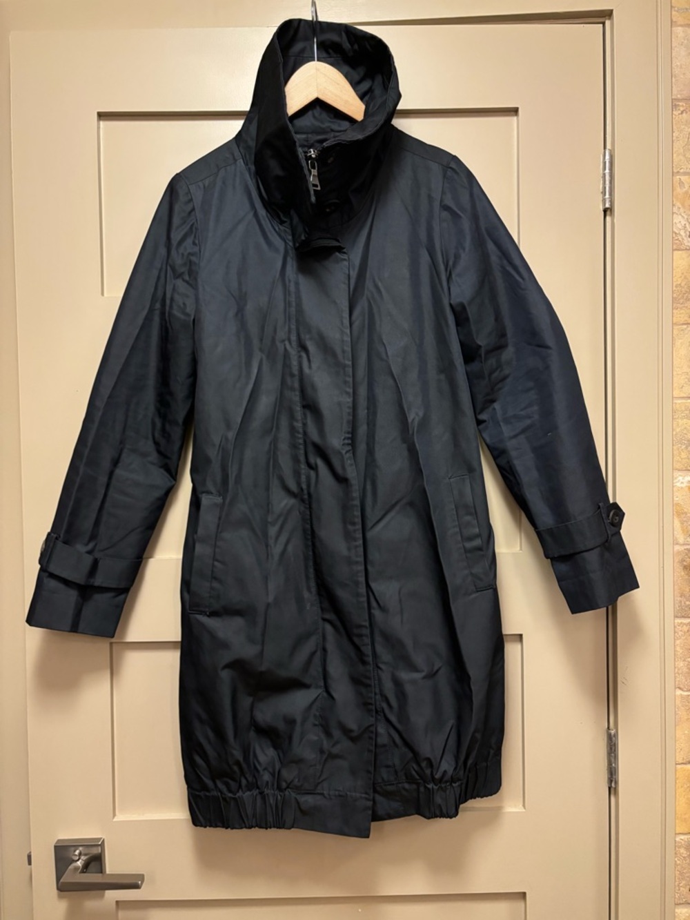 CLUB MONACO Nylon Lined Technical Midi Rain Parka Anorak Jacket Navy Funnel Belt